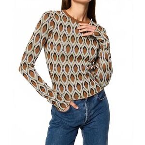 MISA Los Angeles Joyce Long Sleeve Top Brown Blue Geometric Knit Sweater Medium